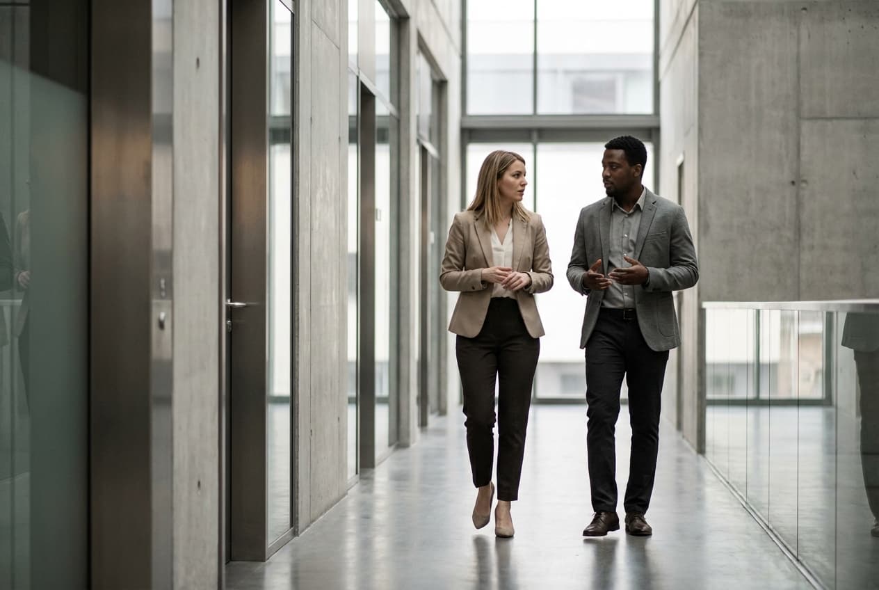Colleagues walking together through a modern workspace